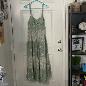 Sage Green Floral Tiered Maxi Sundress with Adjustable Straps